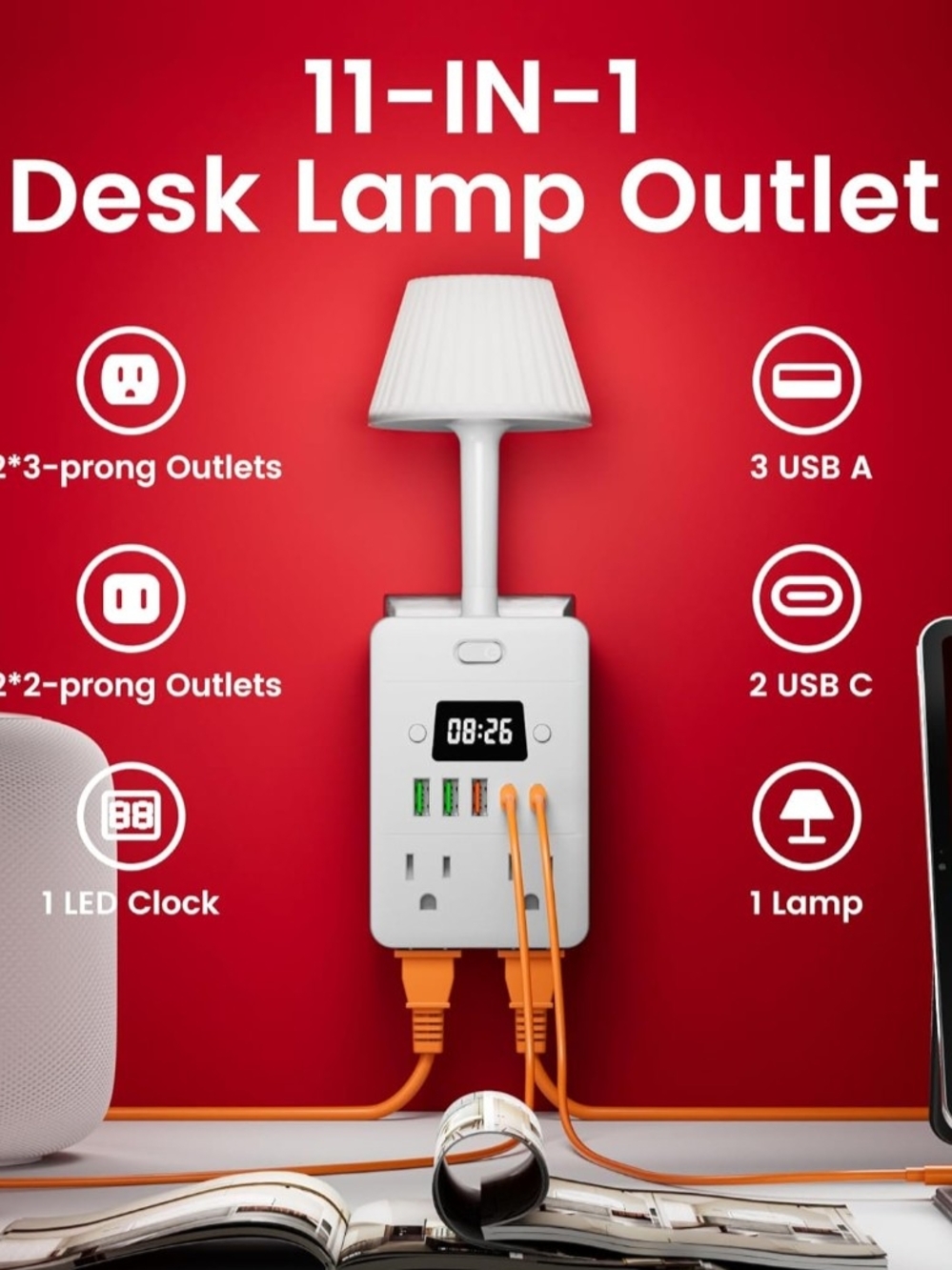 Surge Protector Outlet Expander, 4 Outlets 5 USB, Clock, Nightlight - White